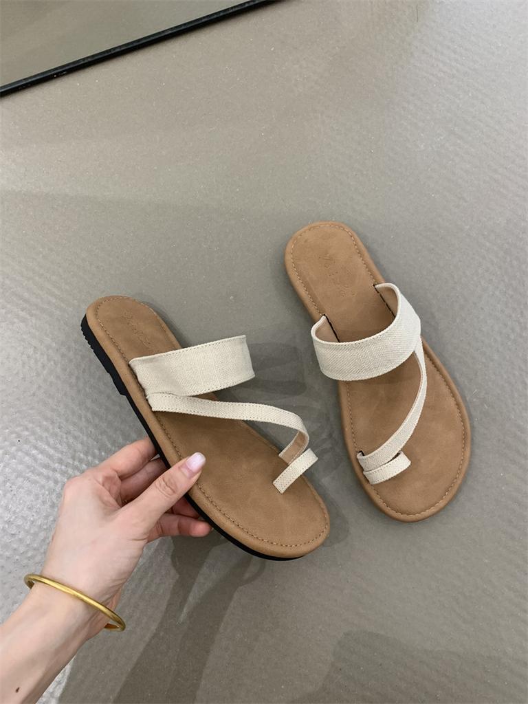 Набор римских сандалий с перемычкой для пальца 2025 лето корейская версия стиль инс льняная перемычка для пальца отпуск пляж плоские крутые шлепанцы женские
