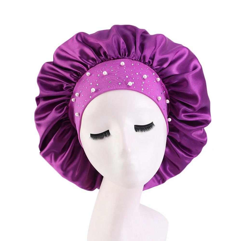 Satin Sleep Cap Rhinestone Bonnet Women Hat Night Hair Care Salon Shower Headband