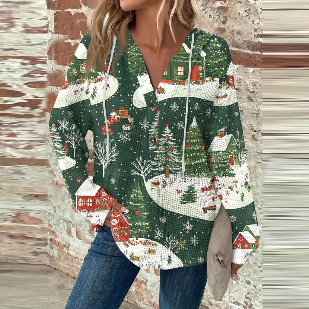 Женский повседневный топ с длинными рукавами, пуговицами, V-образным вырезом, рождественским принтом, завязками и капюшоном