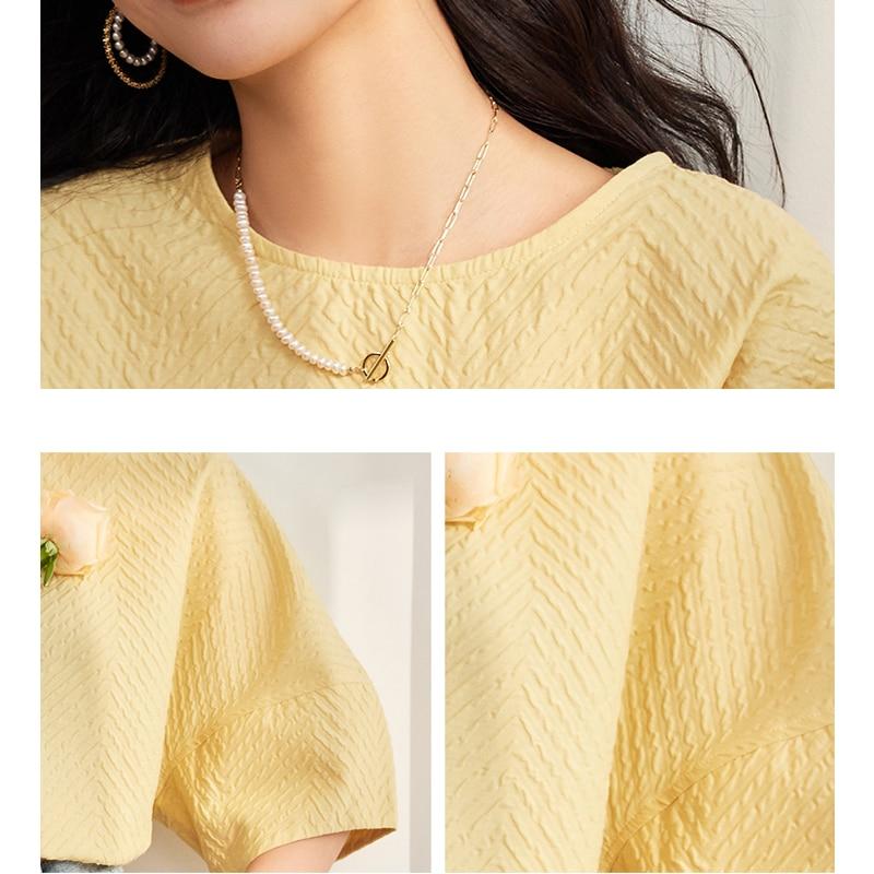 Повседневная рубашка с короткими рукавами-фонариками, летняя модная однотонная желтая женская рубашка с круглым воротником, хлопковая блузка, одежда Blusas 27743