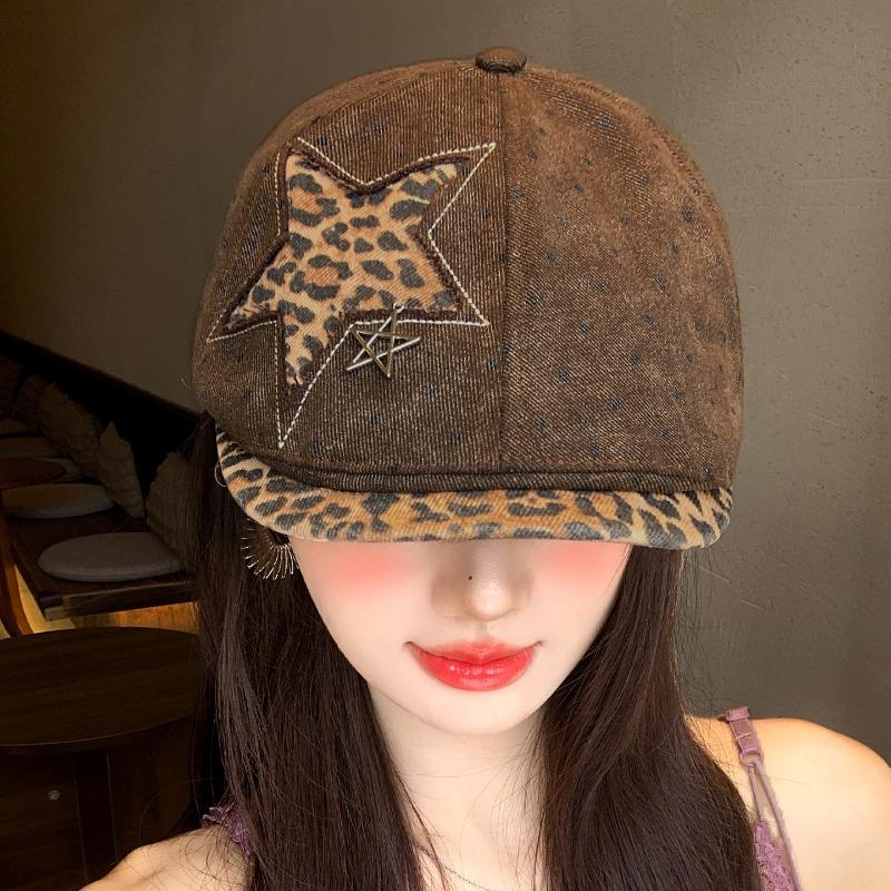 Women S Vintage Leopard Star Fashionable Casual Newsboy Hat