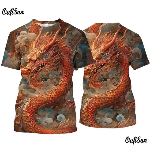 2024 Мужская футболка с 3D принтом дракона, летние футболки с короткими рукавами, повседневный пуловер с круглым вырезом, одежда большого размера, уличная футболка