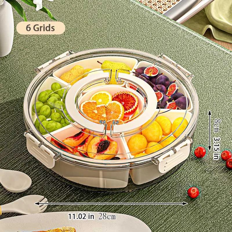 Six Grids Multi Compartment Fruit Tray Round Snack Box with Lid Handle for Home Organization Clear Divided Rotating Serving Tray
