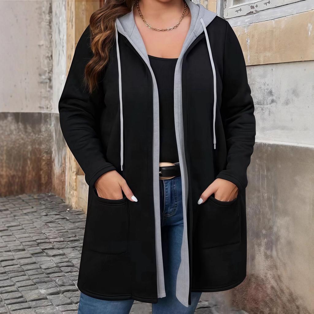 Plus Size Fake Two-Piece Hooded Cardigan with Pockets & Drawstring, Long Chic Fall/Winter Women's Coat