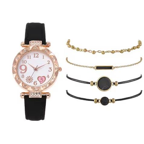 European And American New Women'S Diamond-Encrusted Dial Belt Quartz Watch Beaded Bracelet Set 6Pcsset