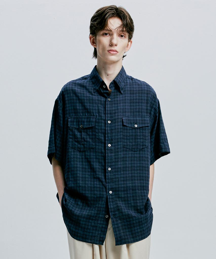 SSY Washed Check Linen 2-Pocket Loose Fit Half Shirt Navy