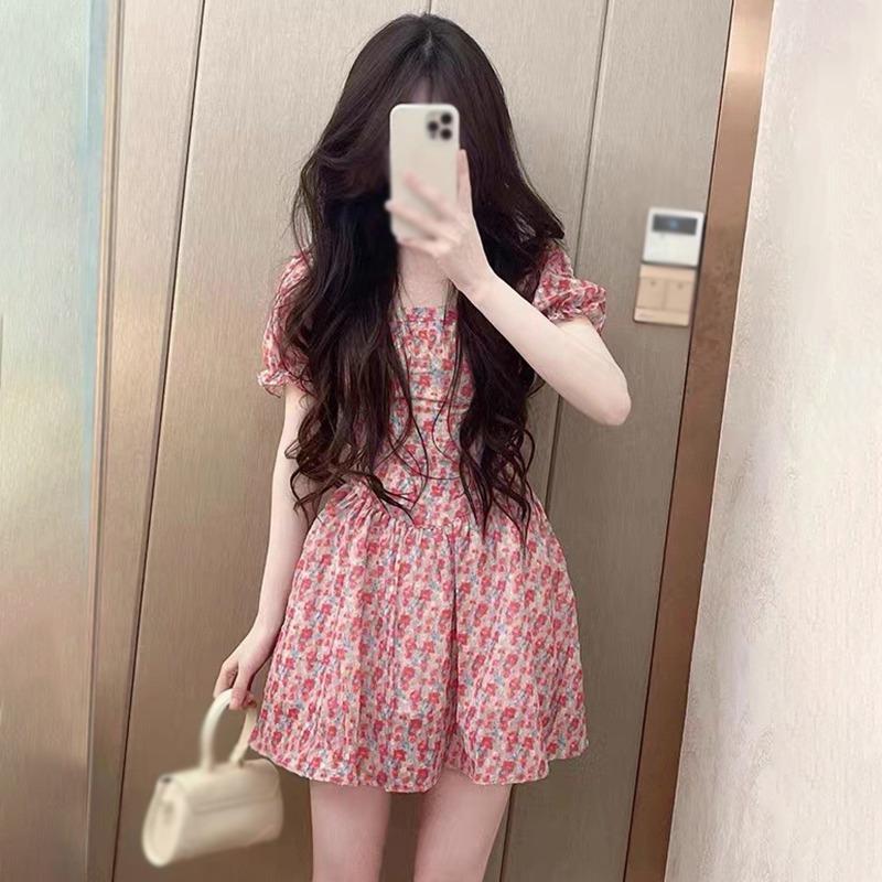 Летнее женское платье с цветочным принтом, шифоновые платья с пышными рукавами и квадратным воротником, с высокой талией