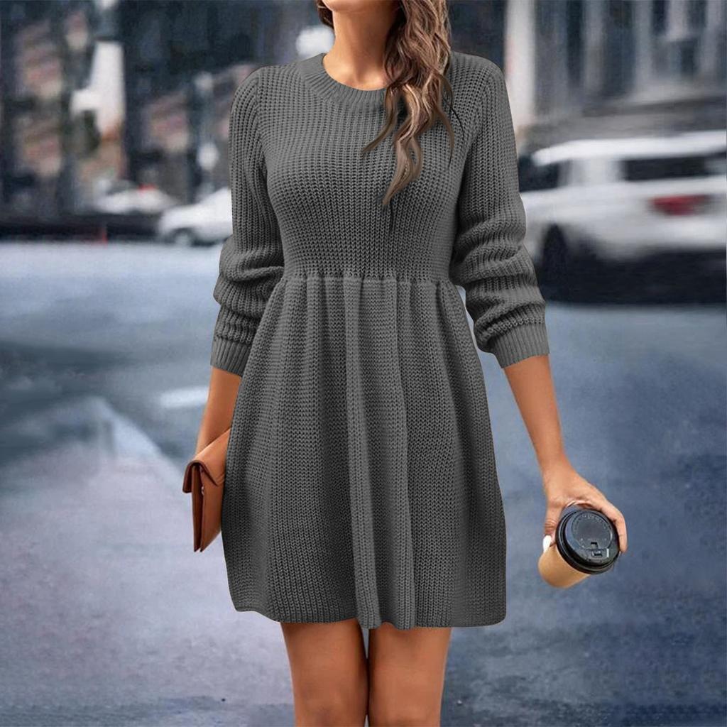 Женское и зимнее однотонное повседневное платье-свитер с круглым вырезом Babydoll
