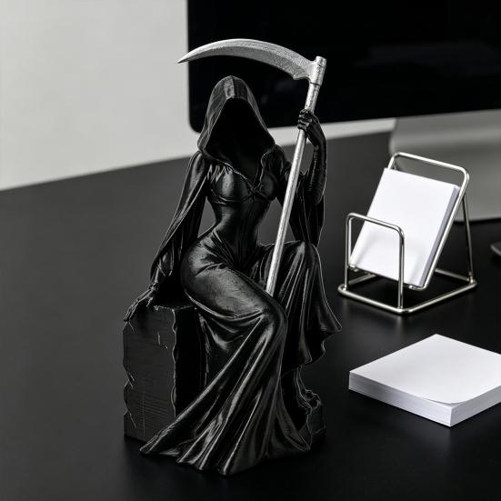 Grim Reaper Figurine with Scythe 3D Printed Mysterious Female Grim Reaper Statue Gothic Spooky Sculpture for Bookshelf Desk