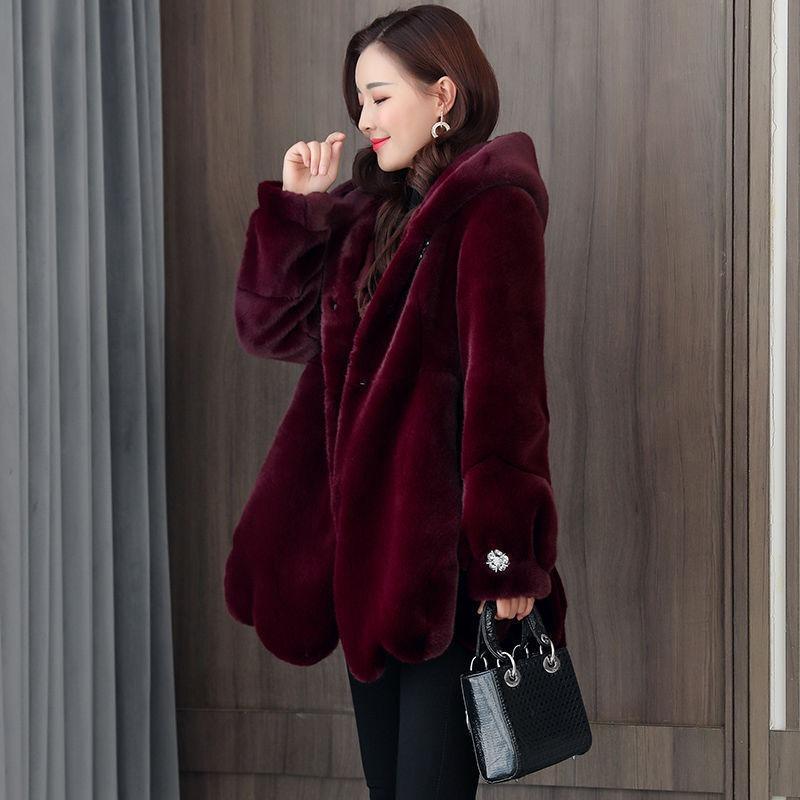 Winter New Fashion Imitation Mink Fur Imitation Coat Middle-aged Mother Hooded Jacket Thickened Women's Pendulum
