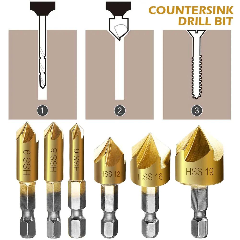 6Pcs Hexagonal Handle Conical Countersink 90 Degrees Conical Countersink Drill Bit Coated for Metal with Hex Shank Wood 6-19mm