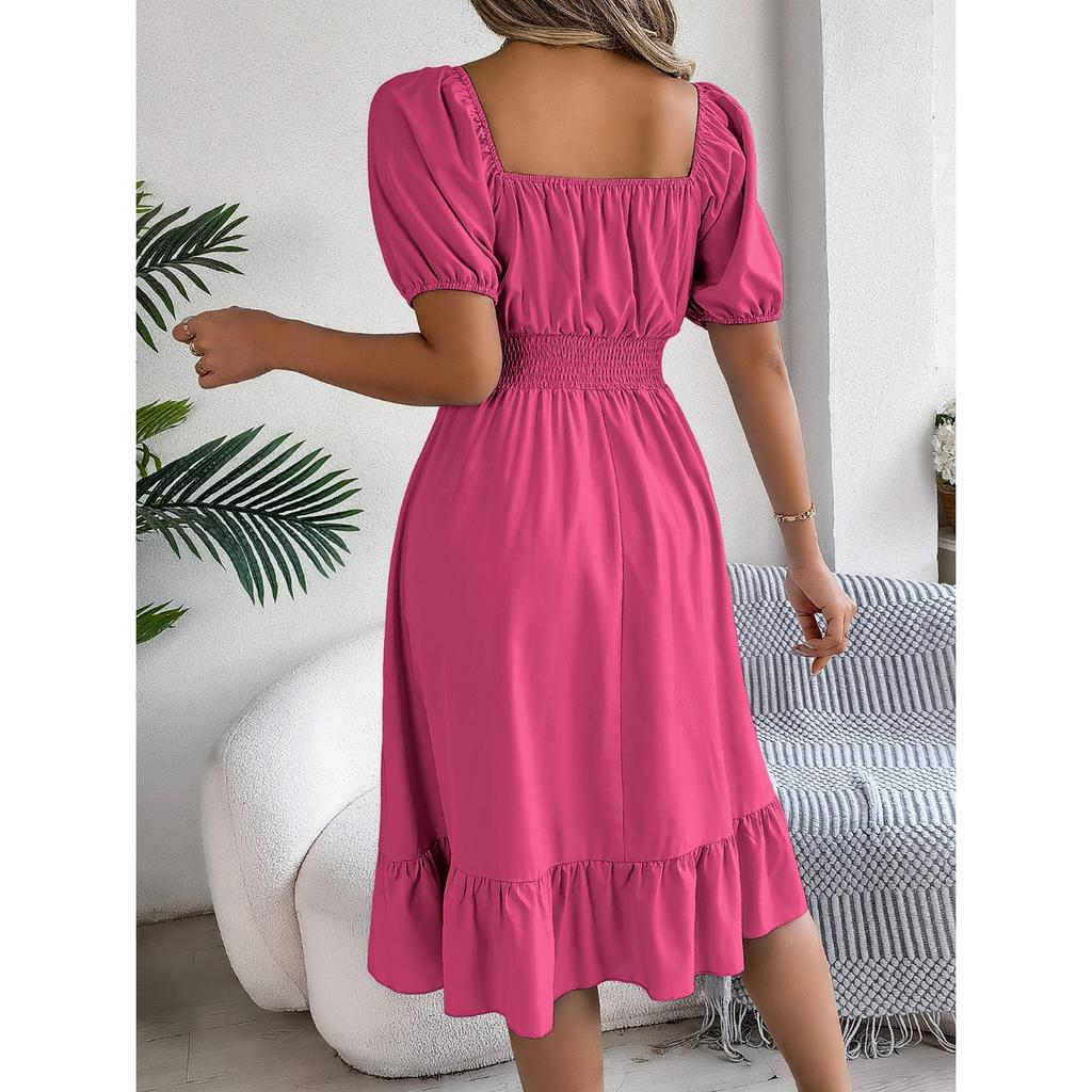 GMXIA Весенне-летнее повседневное платье с квадратным вырезом, короткими рукавами, приталенное, с А-силуэтной юбкой с оборками, женская одежда