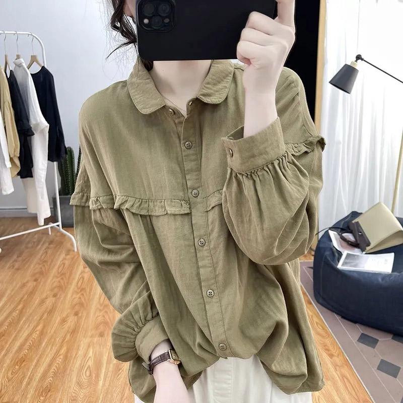 Cotton Linen Shirt Jacket Women Long Sleeve Button Comfort Vintage Solid Color Tops