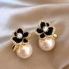 Изысканные серьги-пусеты с жемчугом и мотивом черной камелии для женщин; Элегантные циркониевые украшения в виде цветов, аксессуары, подарки