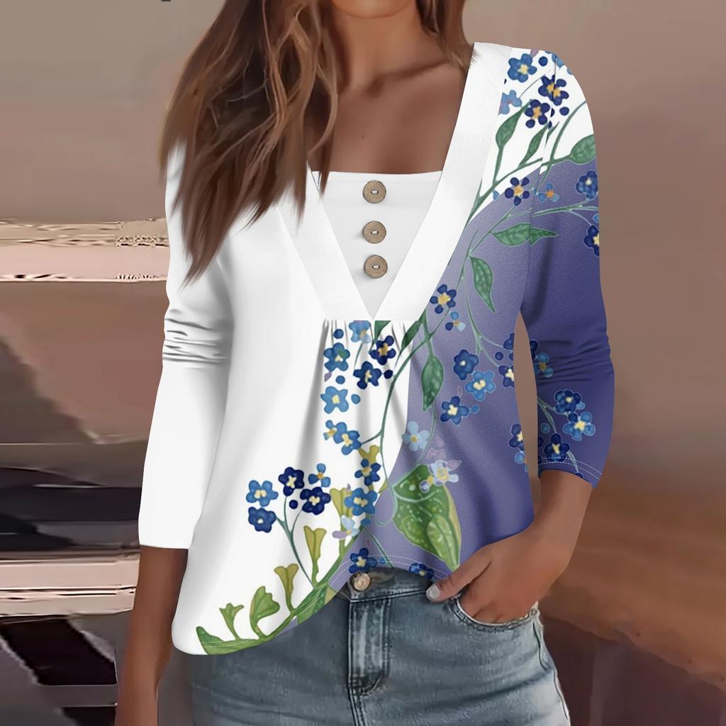 Women's Fashion Casual Long Sleeve Shirt Floral Printed Button V Neck Up Tops