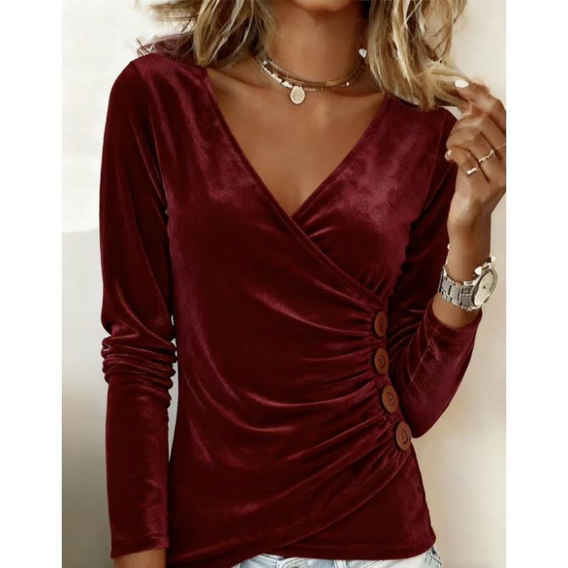 Women S Slim Fit V Neck Button Long Sleeve Solid Color Top