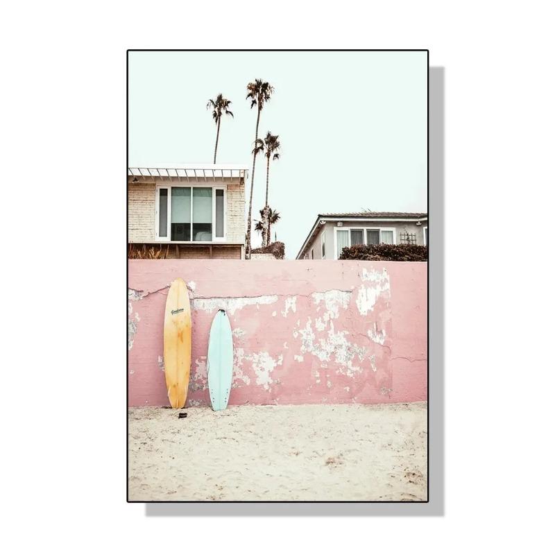 Pink Nordic Summer Holiday Travel Beach Surf Ocean Art Poster Canvas Painting Wall Art for Living Room Bedroom Home Decoration