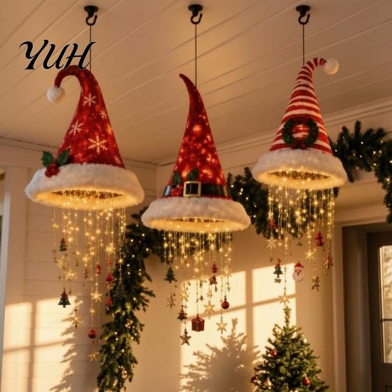 Decorative Hanging Ornaments for Ceiling Lighted Santa Hat Chandelier, Warm LED Christmas String, Sequined Cone Pendant Decor with Holiday Chandelier
