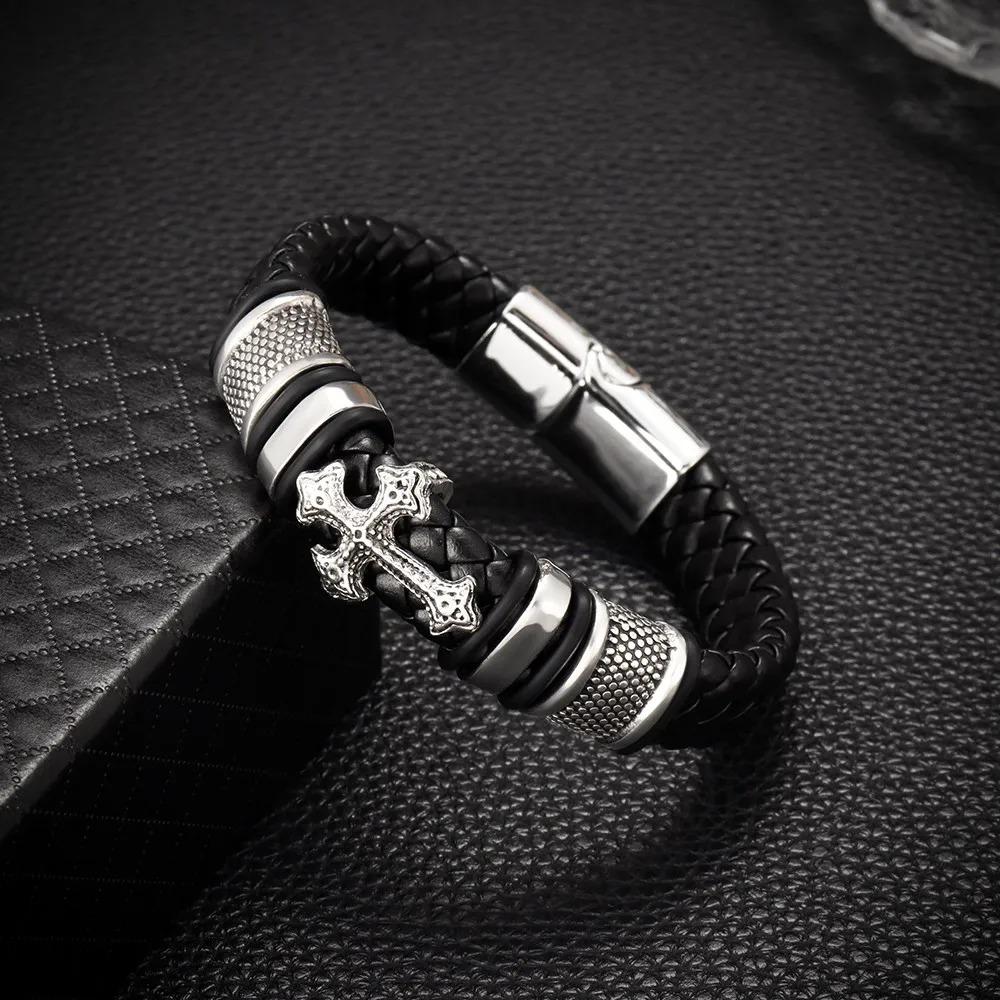 Luxury Mens Bracelet Cross Titanium Steel Vintage Fashion Jewelry Leather Braided Trend Personality Hot Selling Bangles