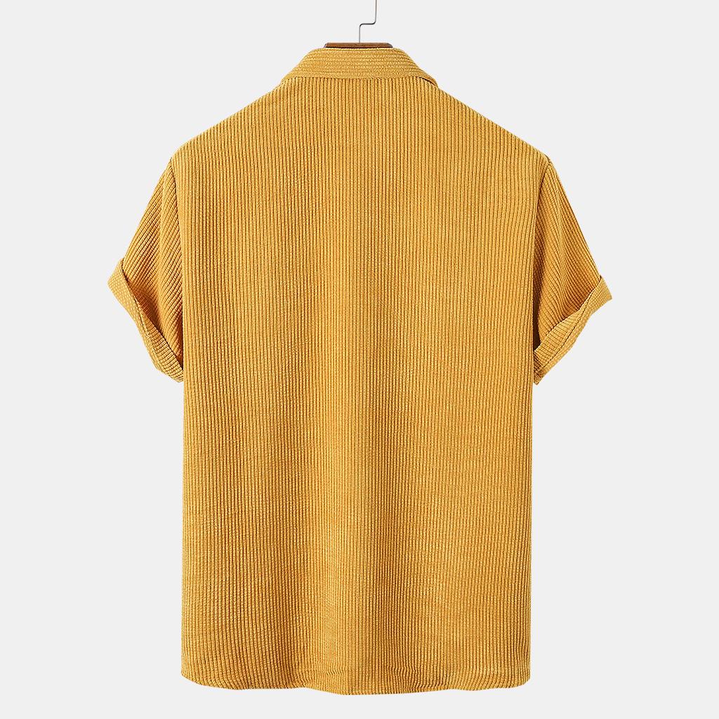 Мужские вельветовые рубашки с коротким рукавом, однотонные топы на пуговицах