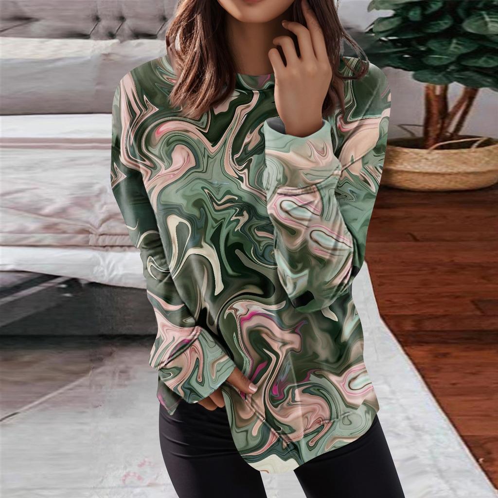 Women's Round Neck Tops Cotton Women's Casual Fashion Floral Print Long Sleeve O-Neck Pullover Top Blouse
