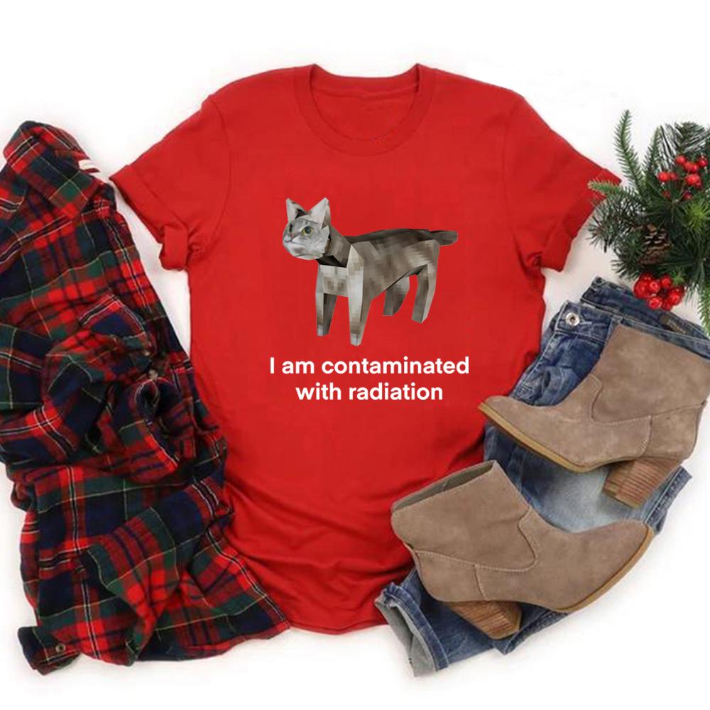 Футболка с забавным мемом «Я заражен» Ироничная футболка унисекс с коротким рукавом и графическими рисунками Необычная специфическая одежда Подарок любителю кошек
