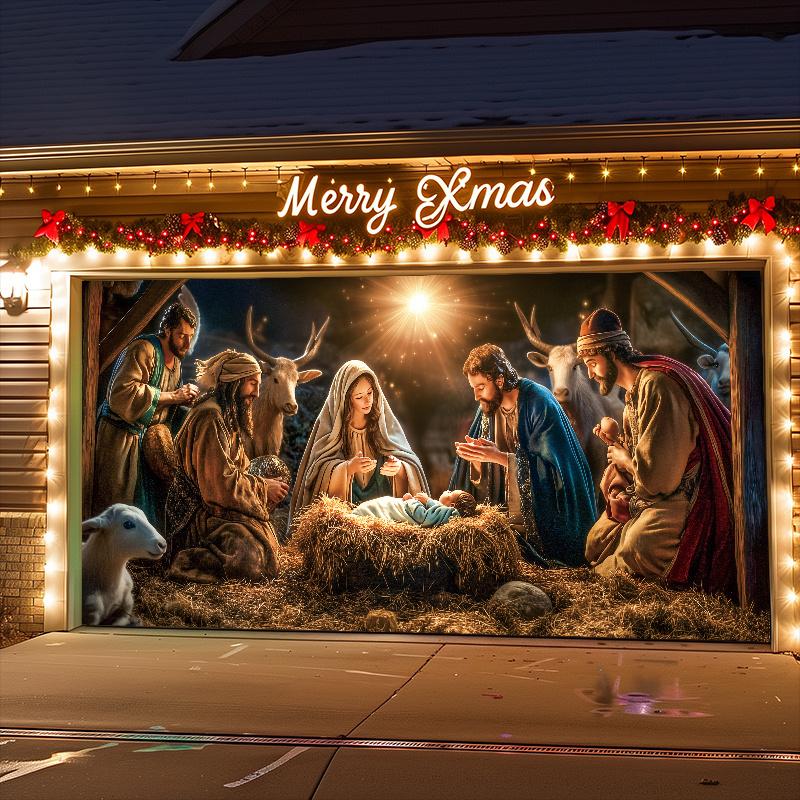 Nativity Christmas scene garage door Banner - Large polyester, outdoor Christmas decoration, suitable for festivals and parties