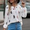 Шифоновая рубашка с принтом перьев, женский топ с длинным рукавом, элегантная блузка с v-образным вырезом, женская модная повседневная блузка, свободные женские блузки 24856