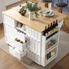 Serving trolley with wood grain, kitchen trolley with wheels, with spice rack and towel holder, island with sliding doors and drawers, white