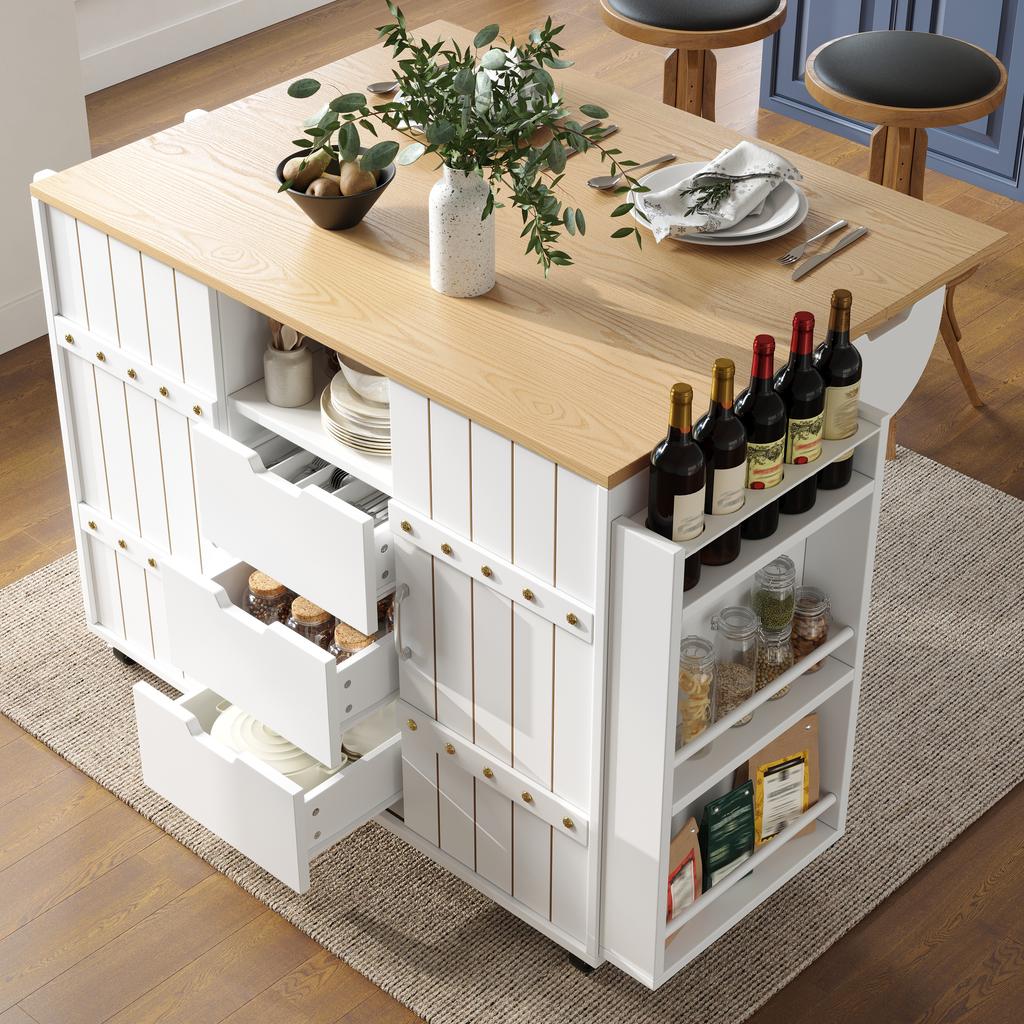Serving trolley with wood grain, kitchen trolley with wheels, with spice rack and towel holder, island with sliding doors and drawers, white