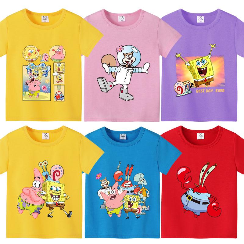 SpongeBobs Cartoon Tshirt for Children Cotton Soft Tee Boys Girls Tops Colorful Clothing Anime Printed Clothes Birthday Gift