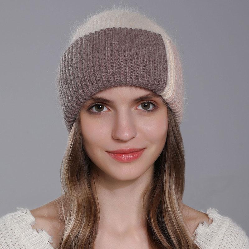 CNTANG 2024 New Fashion Color Splicing Knitted Women's Hats Warmth Angora Rabbit Fur Hat Winter Beanie for Lady Adult Female Cap