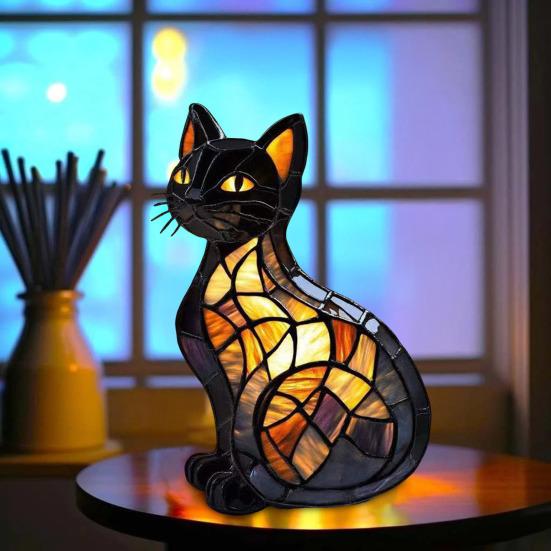Кошачий светильник Витражное полимерное стекло Ночник Мягкое теплое свечение 3D Светодиодная настольная лампа в виде животного Декор для спальни