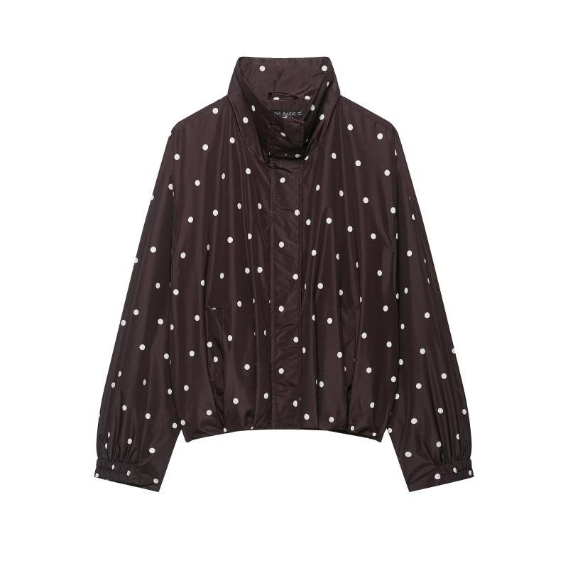 Women Loose Fit Black Polka Dot Zipper Long Sleeve Jacket Casual Autumn