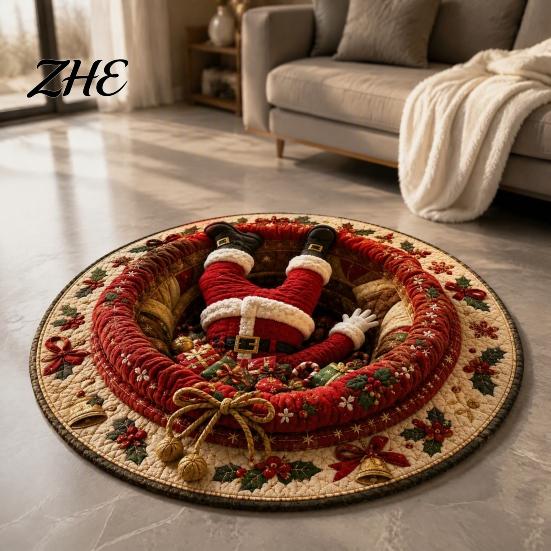 Christmas Tree Skirt Round Area Rug, 3D Optical Illusion Carpet, Stain & Wear Holiday Party Room Decor Resistant Throw Rug for Living Sofa Bedroom