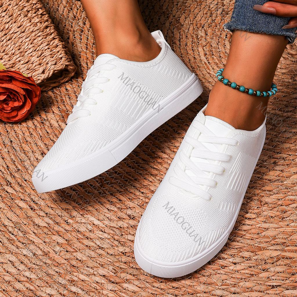 Summer New Flat Bottom Lace-up Mesh Canvas Flats Breathable Lightweight Casual Board Shoes Lace-up Large Size White Single Shoes