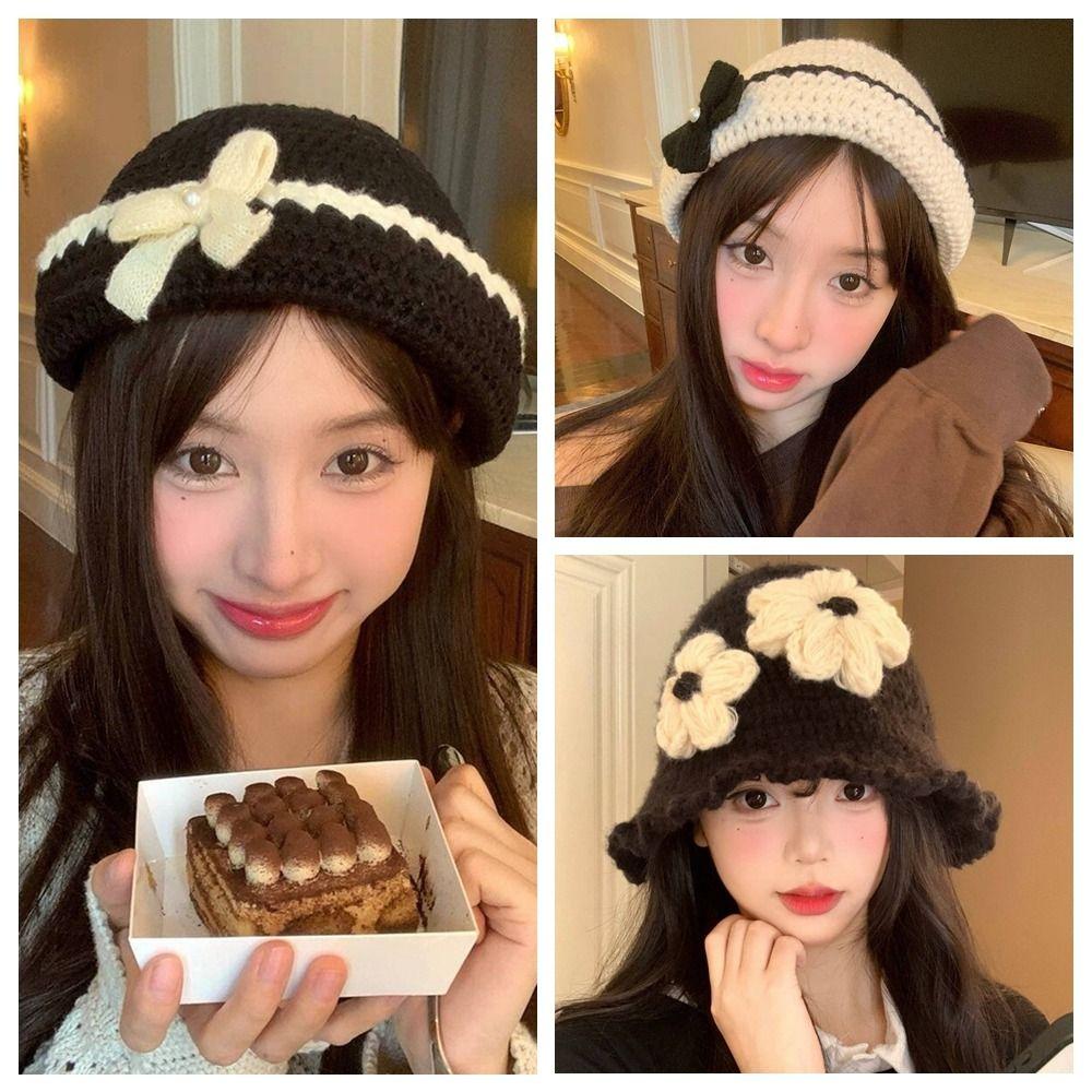 Hollow Out Flower Weave Cap Korean Style Bowknot Beanies Hat Crochet Flower Knitted Hat Girls