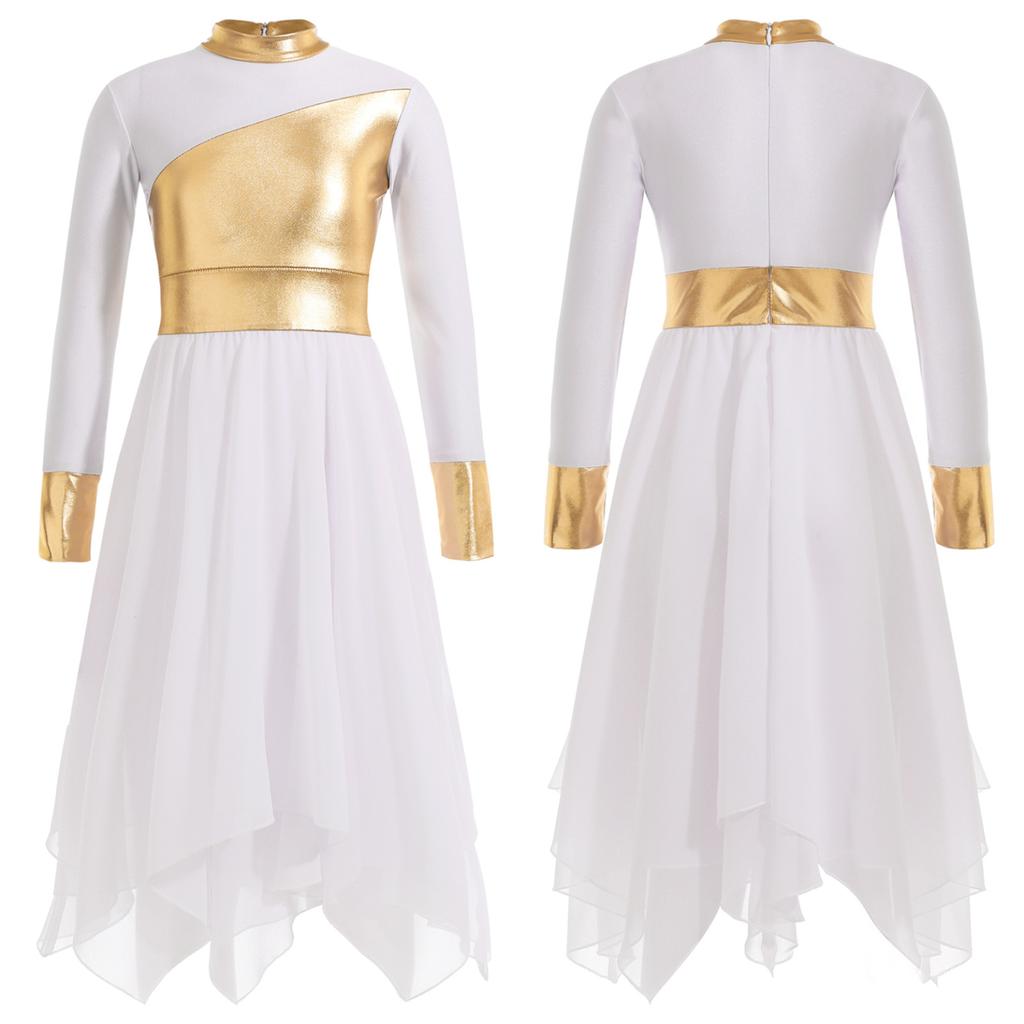 Детское блестящее металлизированное платье-туника с длинными рукавами для девочек, асимметричное платье-туника, лирический костюм для современного танца