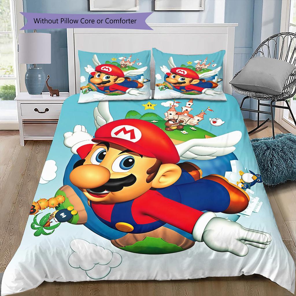 Super Mario Chibi Version Bedding Set, 1 Duvet Cover & 2 Pillowcases, Cozy Home, Great Gift for Fans
