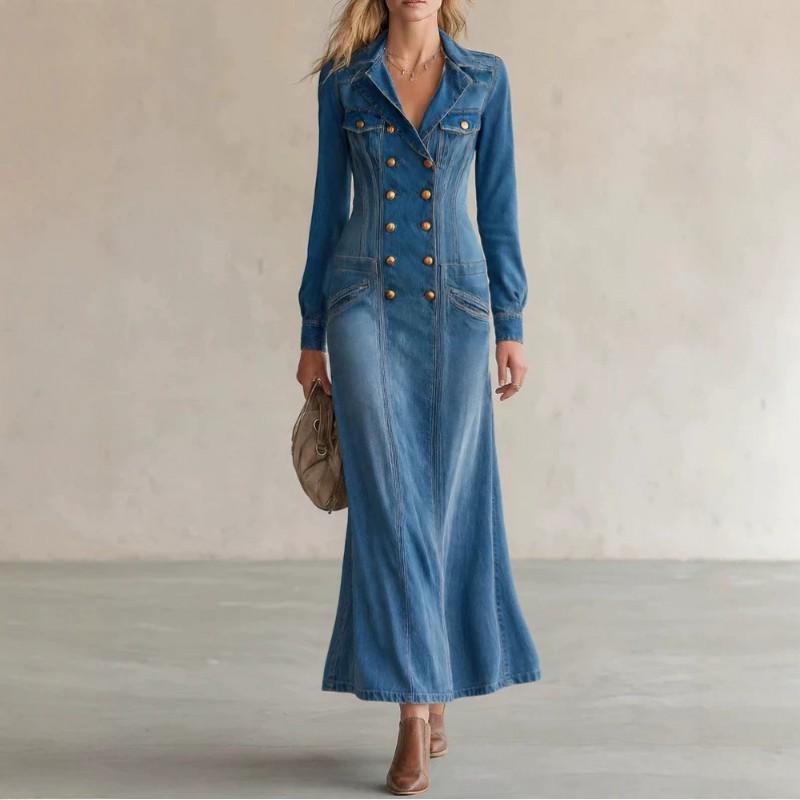 Womens Vintage Washed Denim Maxi Dress Long Sleeve Double Breasted Slim Fit