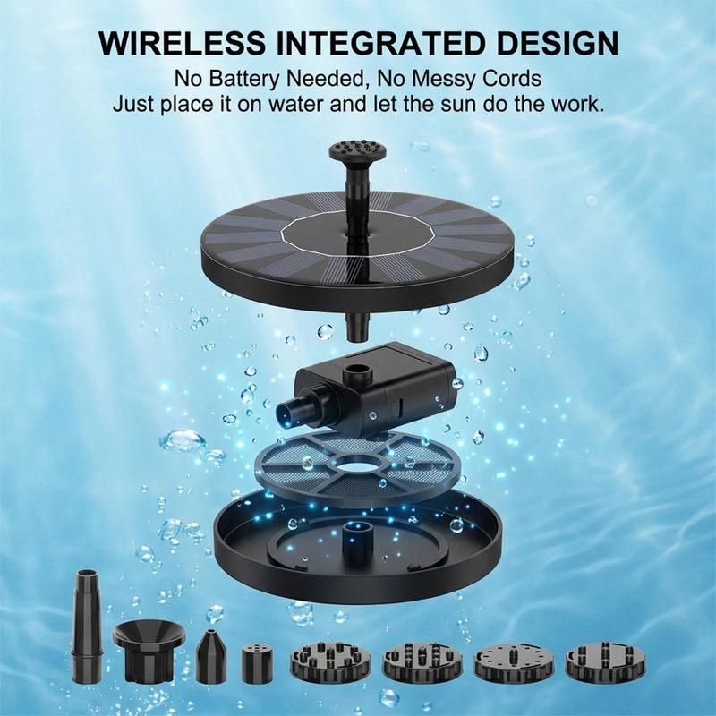 Solar Bird Bath Fountain Pump with 6 Nozzle Solar Powered Bird Bath Floating Panel Water for Garden Fish Tank Pool (16cm)