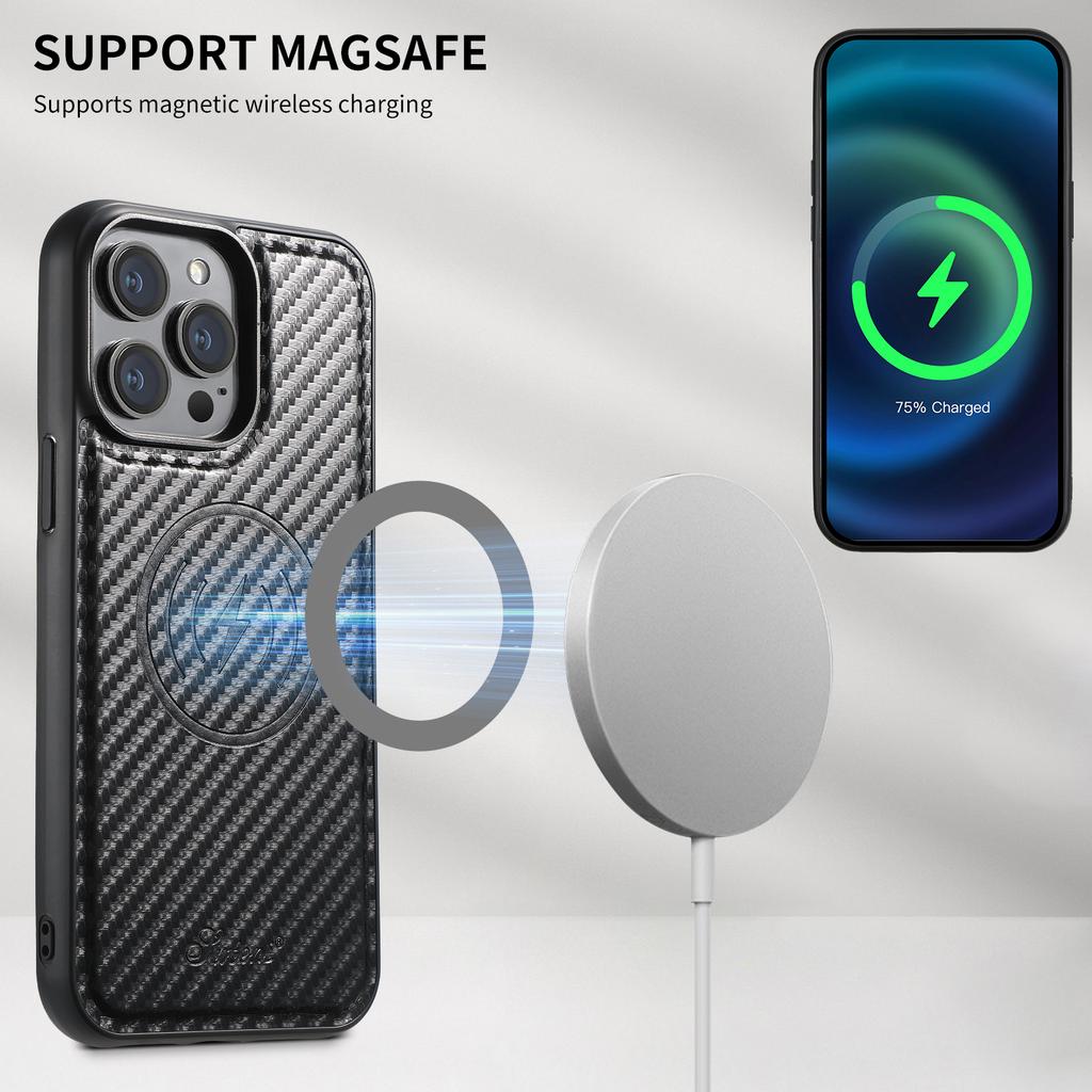 SUTENI H18 For iPhone 13 Pro Max Magnetic Case Carbon Fiber Texture Leather+TPU Cover with Detachable Card Bag
