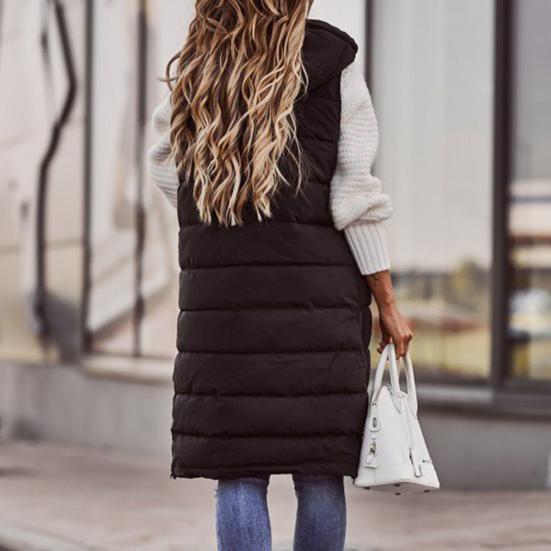 Women Vest Coat Padded Solid Color Sleeveless Hooded Drawstring Single-breasted Mid Length Slim Fit Zipper Hem Pockets