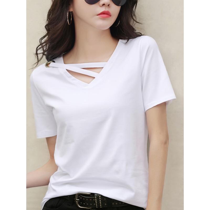 Женская повседневная модная летняя белая футболка с V-образным вырезом