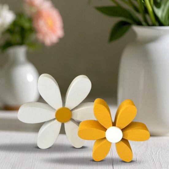 Yousheng 2 Pcs 3D Daisies Decorations Wooden Rustic Flower Centerpieces Freestanding Flower Ornaments Shelf Sitter for Nursery Bedroom or Living Room