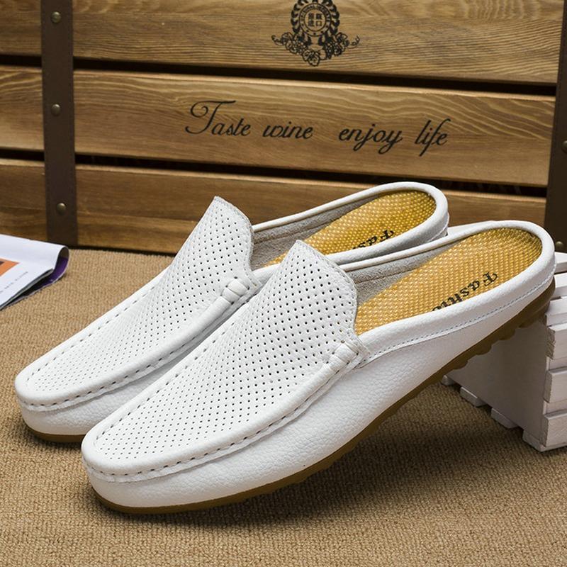 Men's Sandals Wear Half Slippers Men's Leather Summer Breathable Fashion Trendy Shoes Bag Head Casual Shoes Breathable Men's Shoes