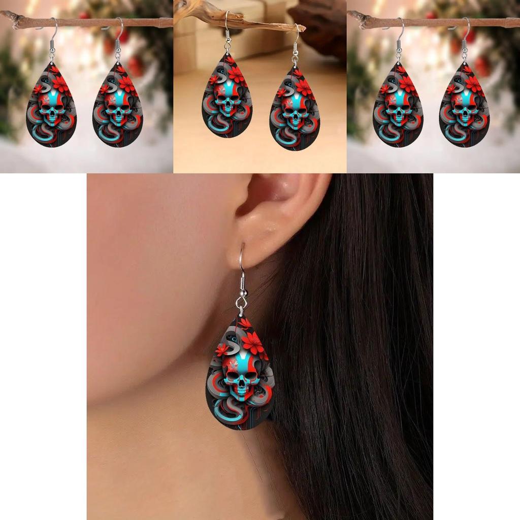 Halloween Themed Flower Skull Patterns Water Droplet Shaped Women Earrings For Dark Style Festive Occasion