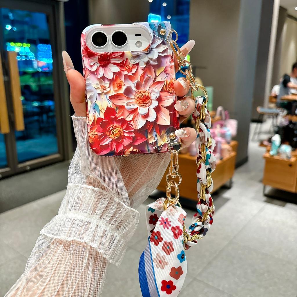 Luxury 3D Embossed Watercolor Floral Phone Case For IPhone DUO 18 Fold Fabric Wrist Strap Aesthetic Trendy Shockproof Anti Scratch Protection Cover