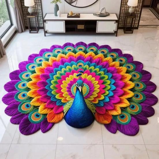 3D Peacock Pattern Plush Rug Non-Slip Backing Easy To Clean Various