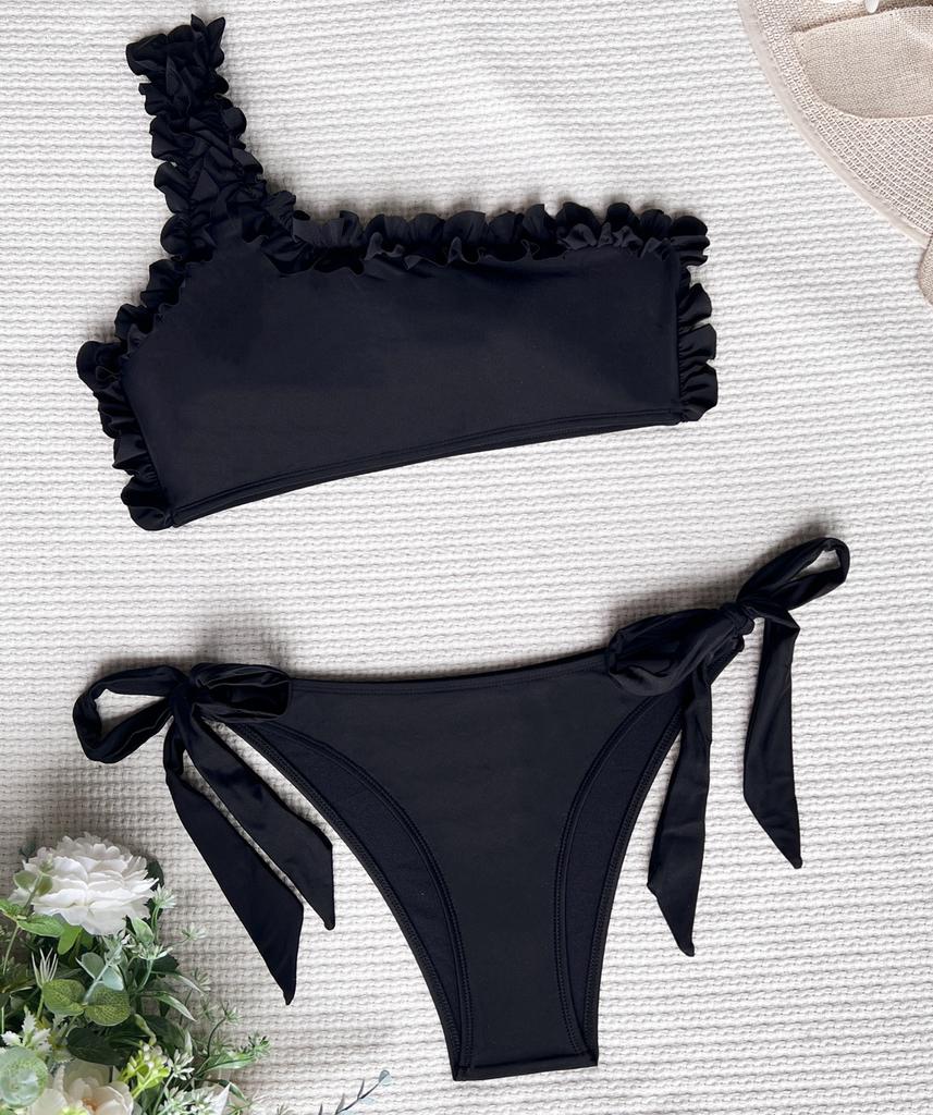 Women's Swimsuit Solid Color One Shoulder Lace Sexy Bikini Side Tie Thong Brazilian Beachwear Bathing Suits